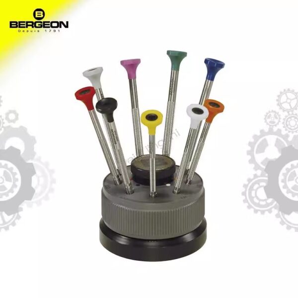 Swiss Made BERGEON 6899-S09 9-Piece Ergonomic Watchmakers Screwdriver Set with Rotating Stand