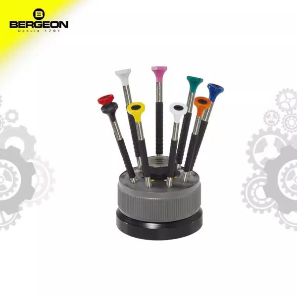 Swiss Made BERGEON 6899-S09 9-Piece Ergonomic Watchmakers Screwdriver Set with Rotating Stand
