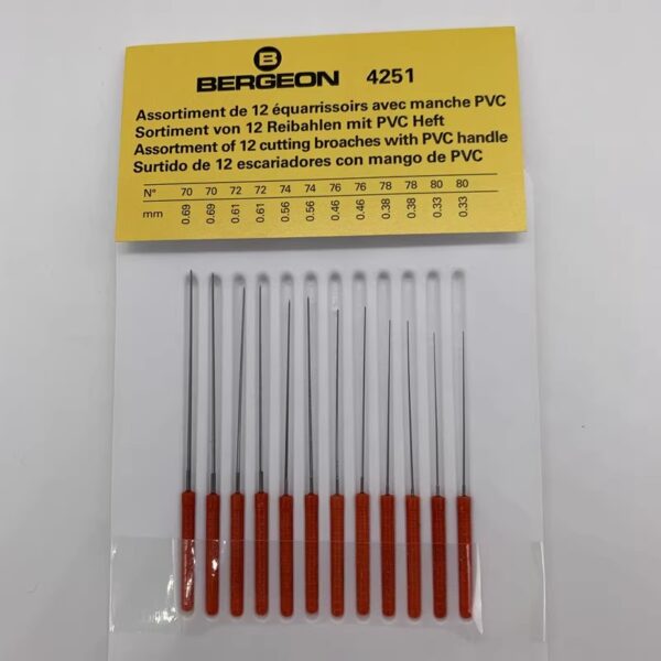 Swiss Made BERGEON 4251 12-Piece Cutting Broach Set (0.33-0.69mm) in Tube
