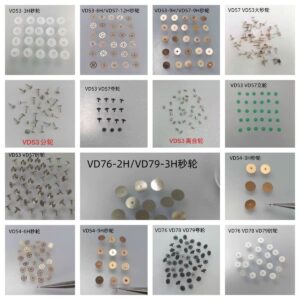 Hour Wheel, Minute Wheel, Large Second Wheel, Cannon Pinion, Clutch Wheel, Vertical Wheel and 369H Second Wheel for VD53, VD54, VD57 and VD79 Movements